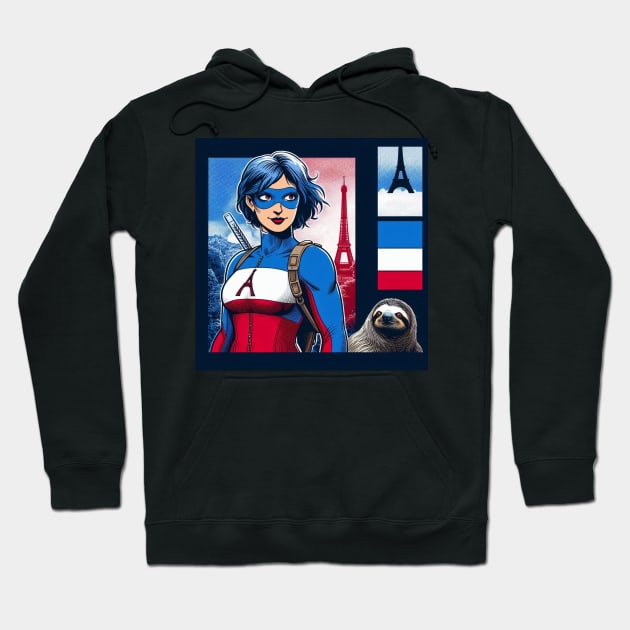 Francais: Female 90's Comic Book Hero with Sloth 2 Hoodie by Woodpile